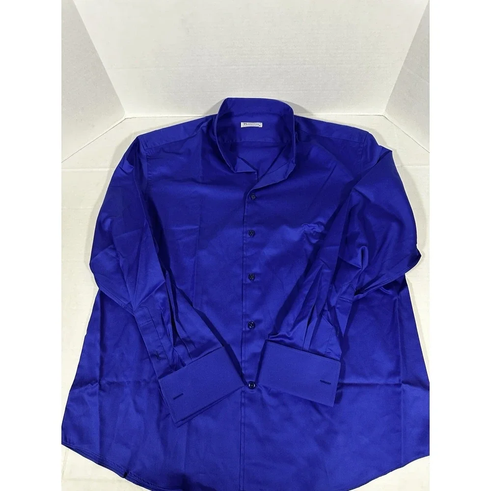 Morcouture Mens Royal Blue‎ High Collar French Cuff Dress Shirt Hidden Placket